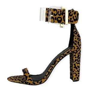 Qupid Women's Animal Print Ankle Strap Block Heels Sandals Brown/Black Size 8